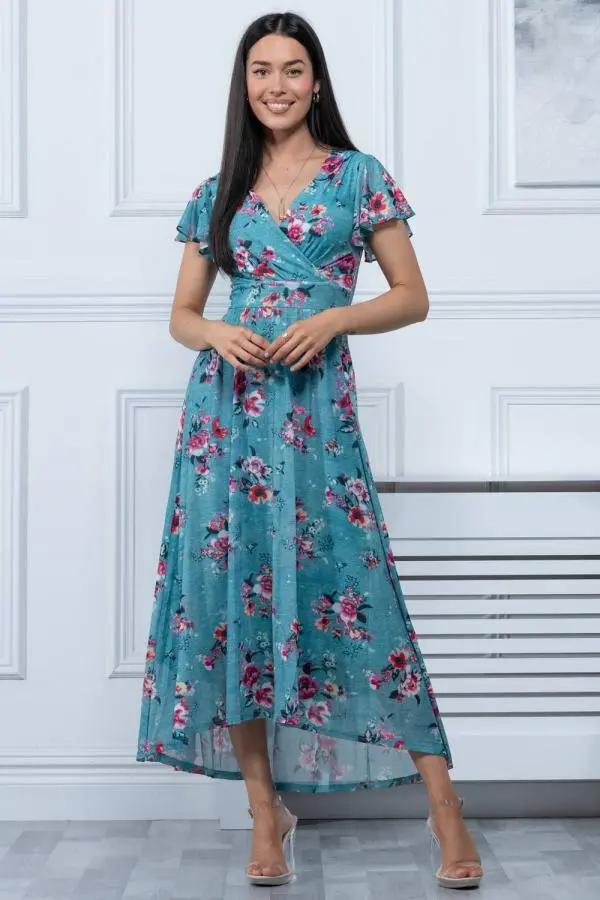 Jolie Moi Women's Eliza Dip Hem Mesh Maxi Dress in Green 