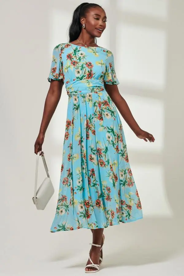 Jolie Moi Women's Haylee Print Chiffon Maxi Dress in Blue 