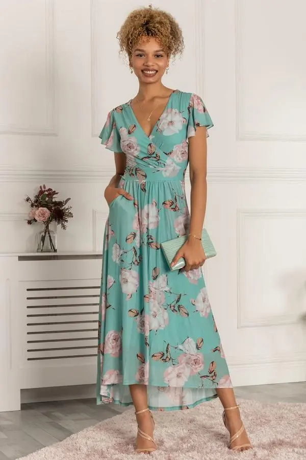 Jolie Moi Women's Piper Dip Hem Mesh Maxi Dress in Green 