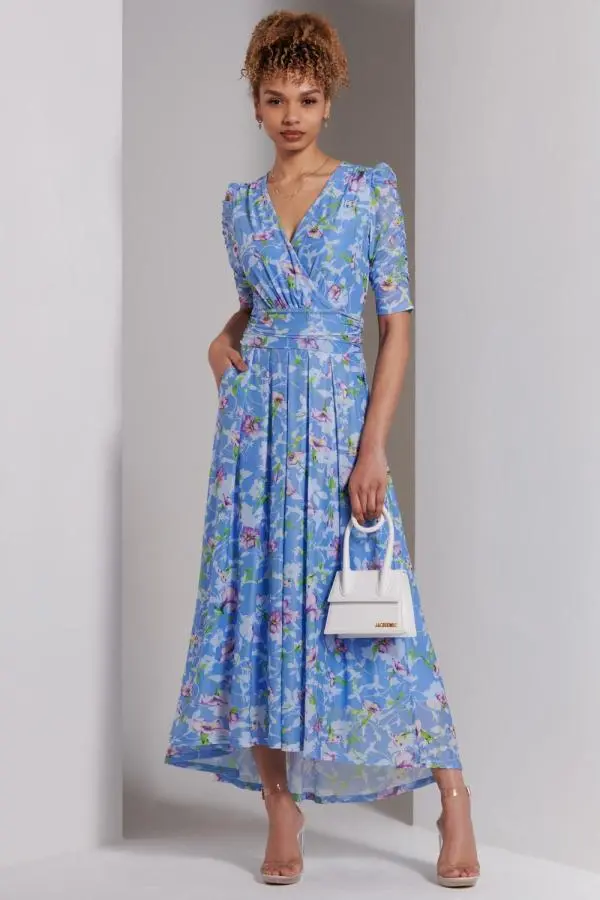 Jolie Moi Women's Print Dip Hem Mesh Maxi Dress in Blue | Size: 10