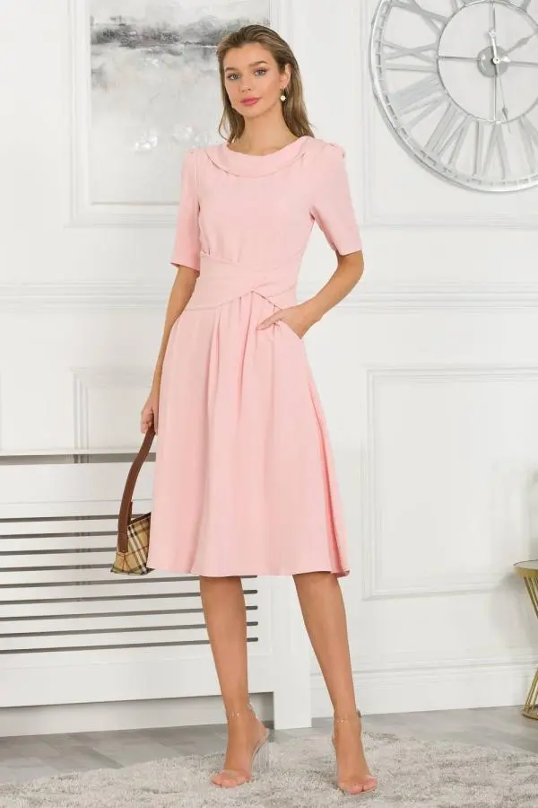 Jolie Moi Women's Beckie Fold Over Neck Dress in Pink 