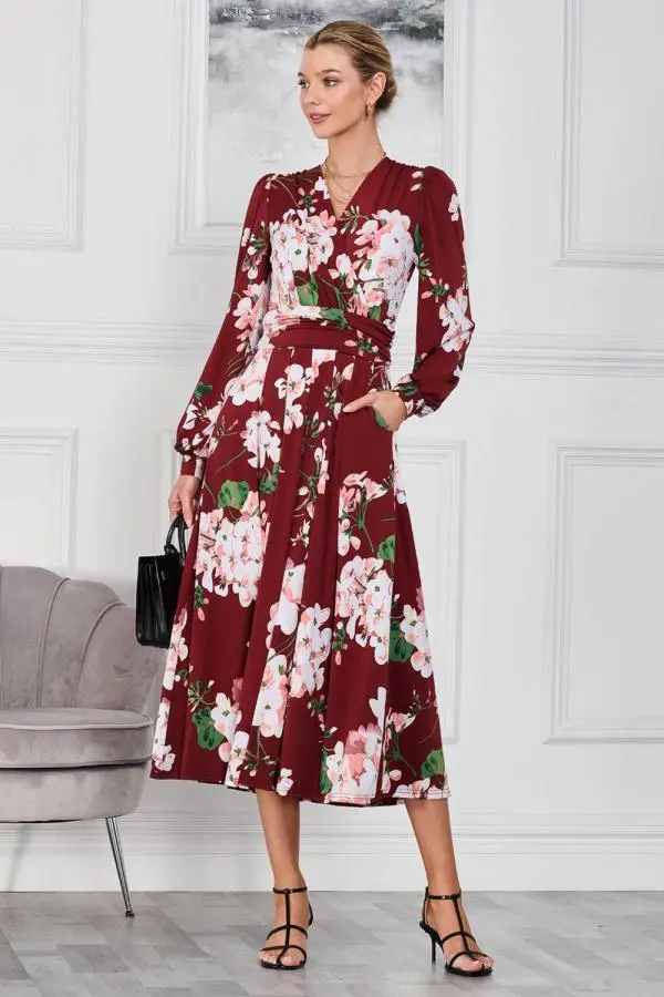 Jolie Moi Women's Kamille Long Sleeve Maxi Dress in Dark Red 