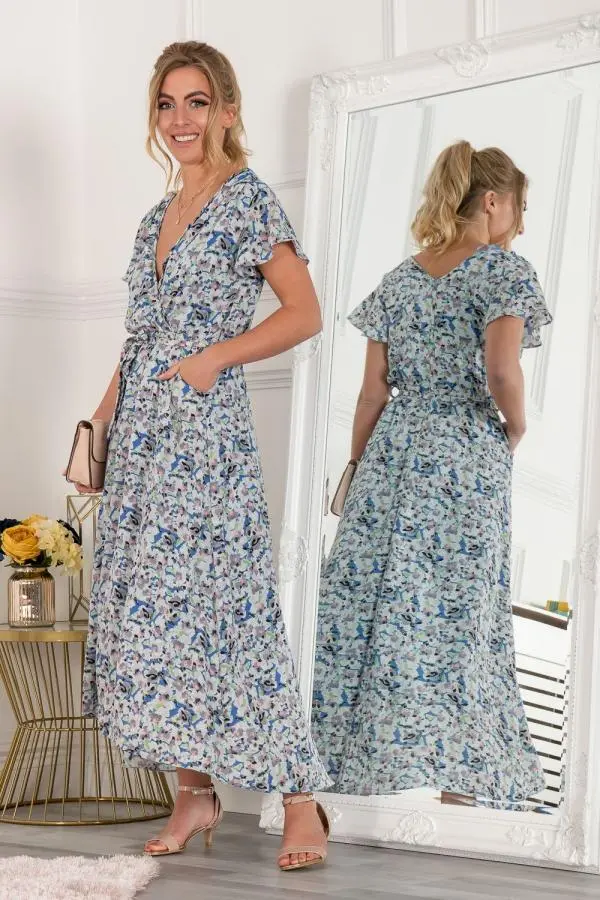 Jolie Moi Women's Selina Wrap Dip Hem Dress in Blue 