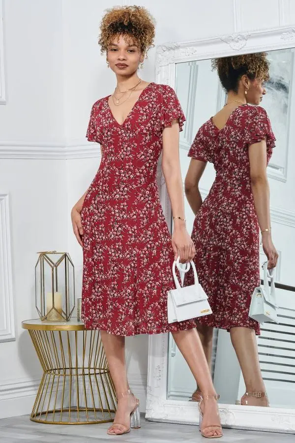 Jolie Moi Women's Stacy Cross Front Mesh Dress in Wine 