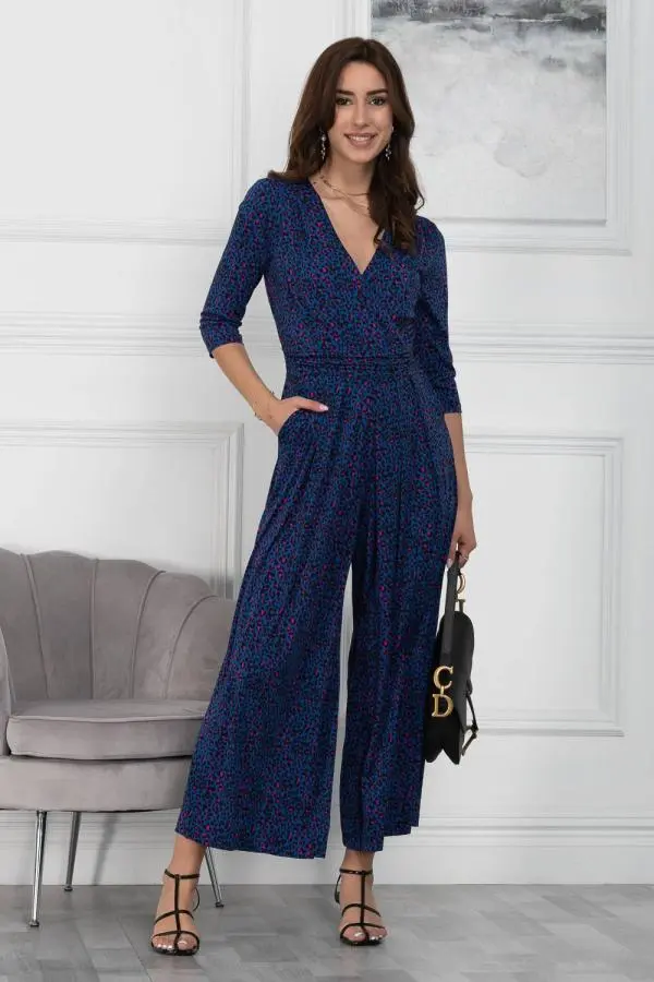 Jolie Moi Women's Giselle Wrap Front Jumpsuit in Blue 