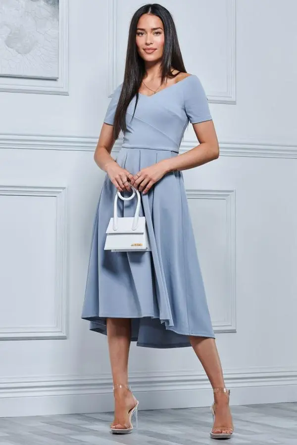 Jolie Moi Women's Off The Shoulder Dip Hem Dress in Blue 