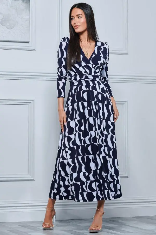 Jolie Moi Women's Geometric Print Long Sleeve Maxi Dress in Navy 