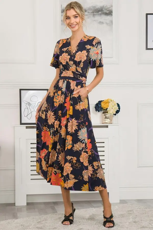 Jolie Moi Women's Shreya Jersey Angel Sleeve Maxi Dress in Navy 