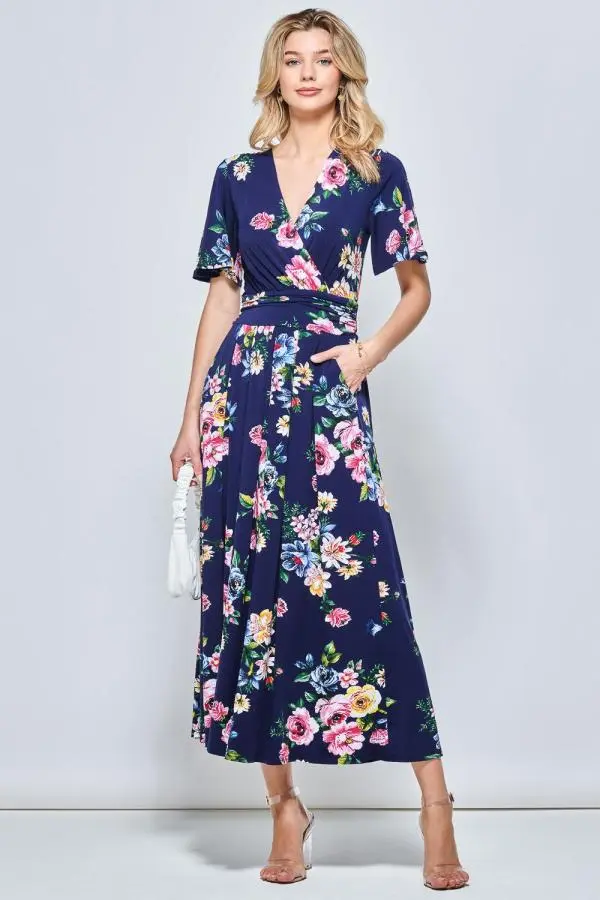Jolie Moi Women's Shreya Jersey Angel Sleeve Maxi Dress in Blue 