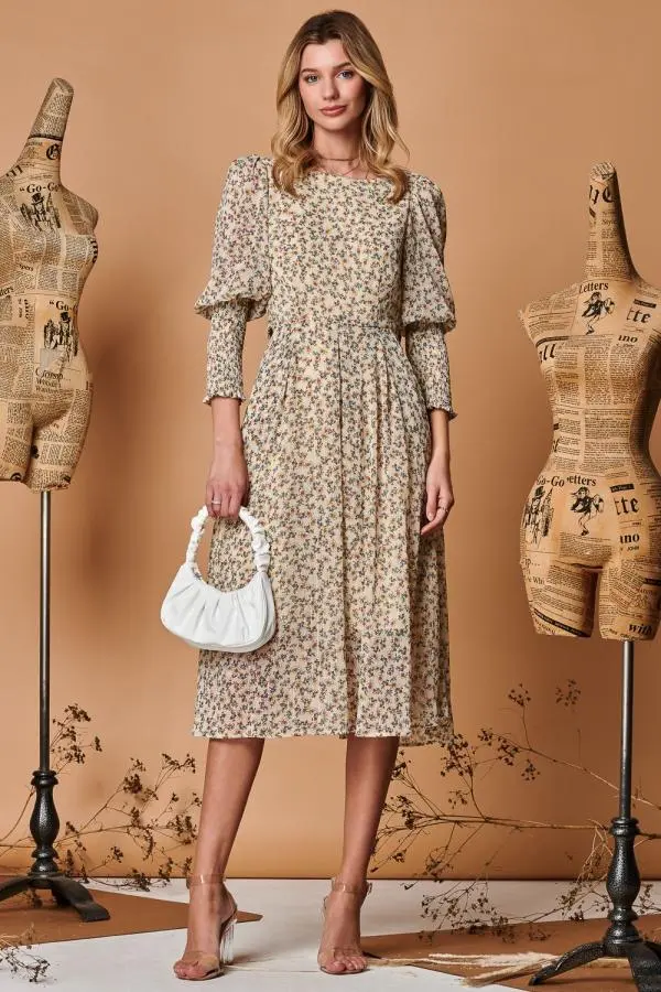 Jolie Moi Women's Chiffon Maxi Dress with Shirred Cuffs in Beige 