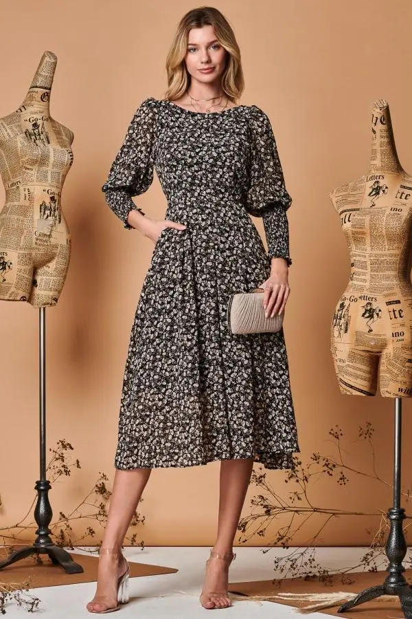 Jolie Moi Women's Chiffon Maxi Dress with Shirred Cuffs in Black 