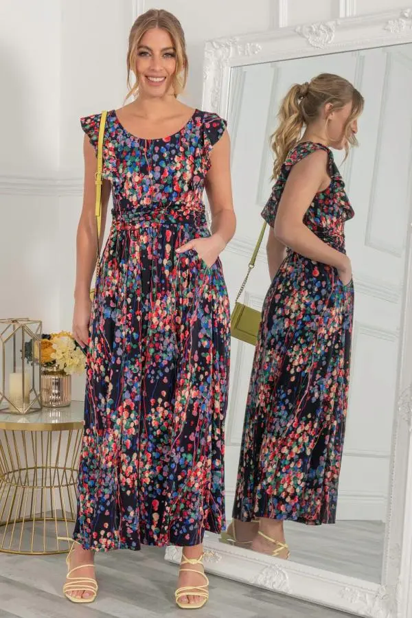 Jolie Moi Women's Adalena Frill Shoudler Maxi Dress in Navy 