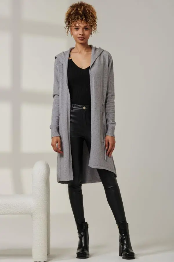 Jolie Moi Women's Drawstring Waist Hooded Cardigan in Light Grey 