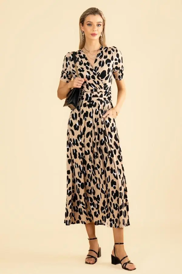 Jolie Moi Women's Kiera Wrap Front Maxi Dress in Camel 