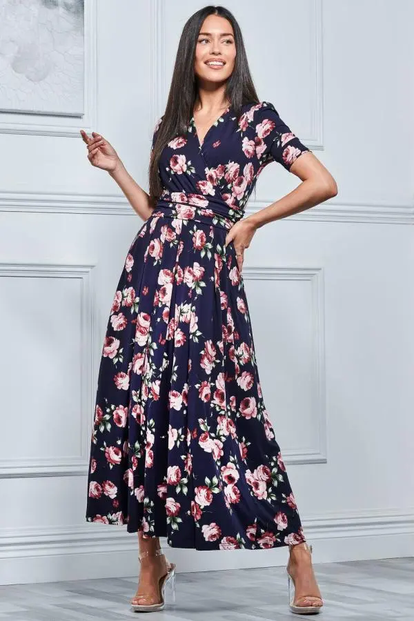 Jolie Moi Women's Kiera Wrap Front Maxi Dress in Navy 