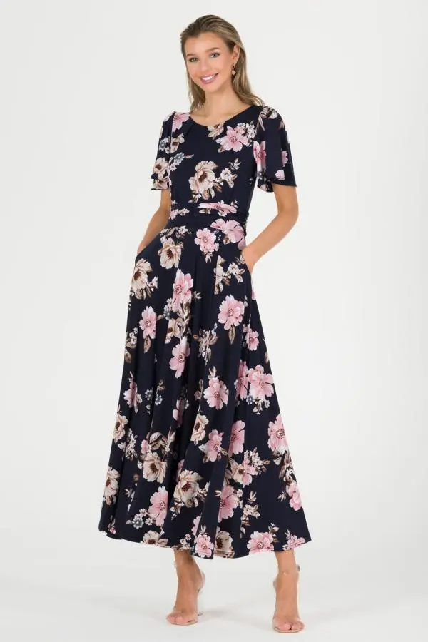 Jolie Moi Women's Hailey Jersey Angel Sleeve Maxi Dress in Navy 