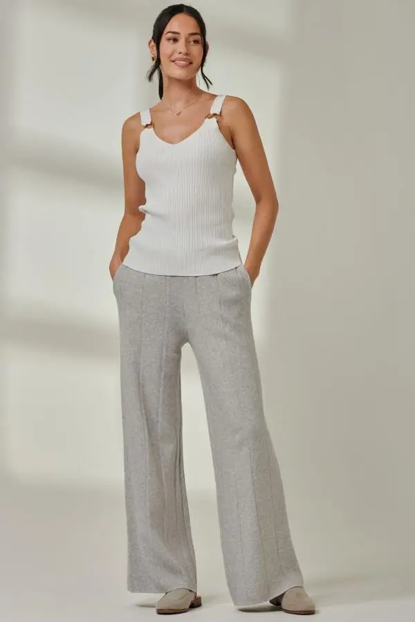 Jolie Moi Women's Vertical Line Knit Flared Pants in Light Grey 