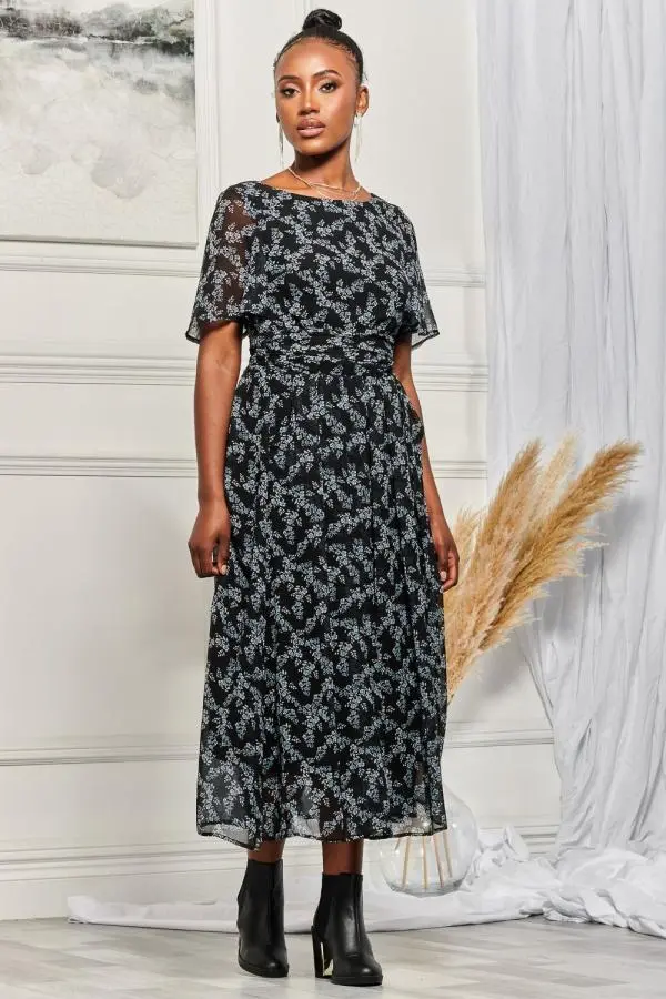 Jolie Moi Women's Angel Sleeve Chiffon Maxi Dress in Black 