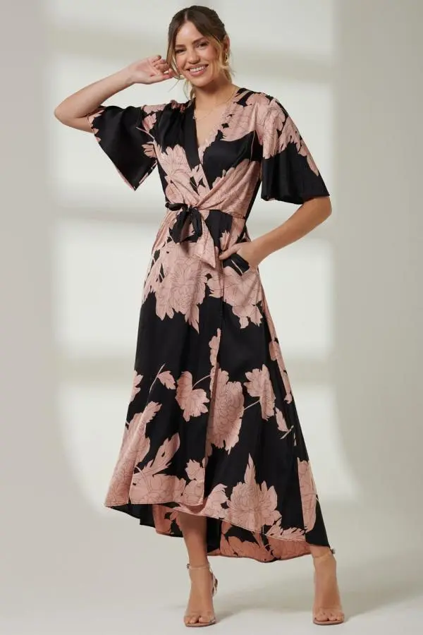 Jolie Moi Women's Willow Satin Wrap Tie Waist Dress in Black 