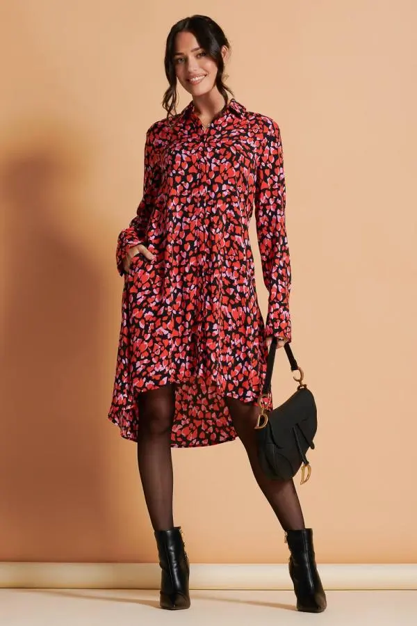 Jolie Moi Women's Oversized Dipped Hem Shirt Dress in Red | Size: 10
