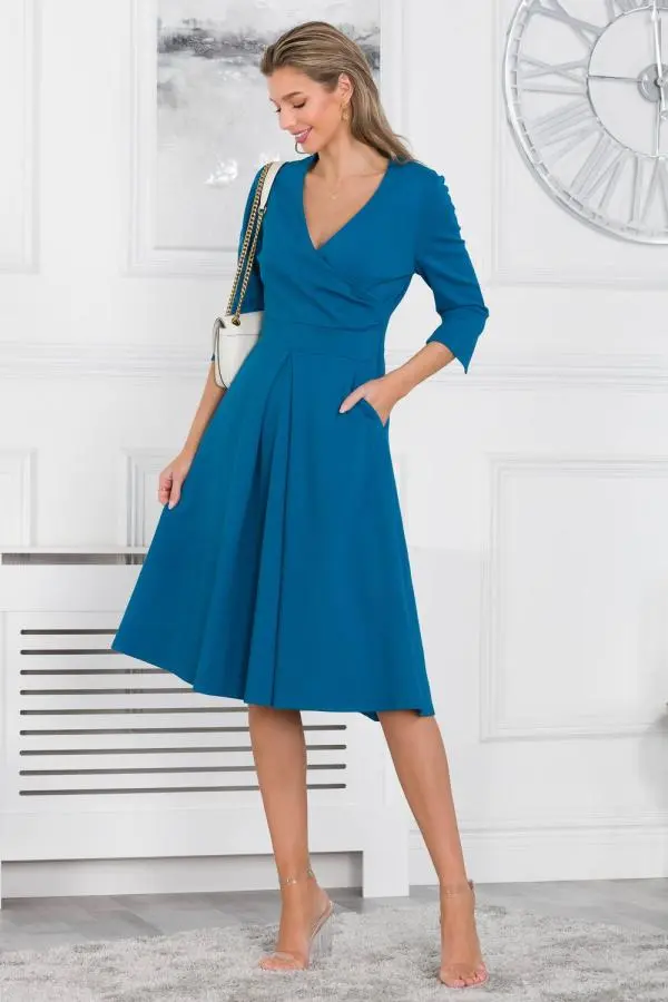 Jolie Moi Women's Paige 3/4 Sleeve Wrap Dress in Teal 
