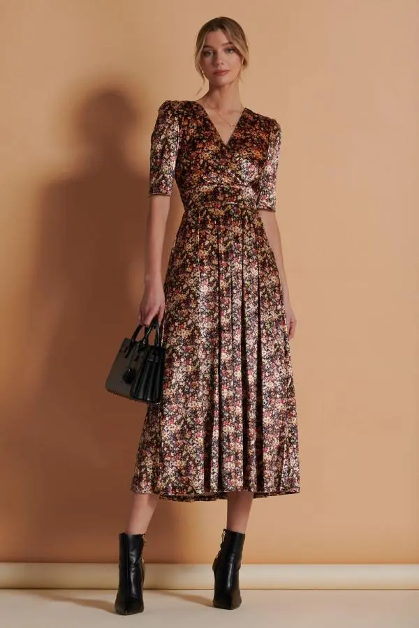 Jolie Moi Women's Floral Print Velvet Maxi Dress in Beige | Size: 10