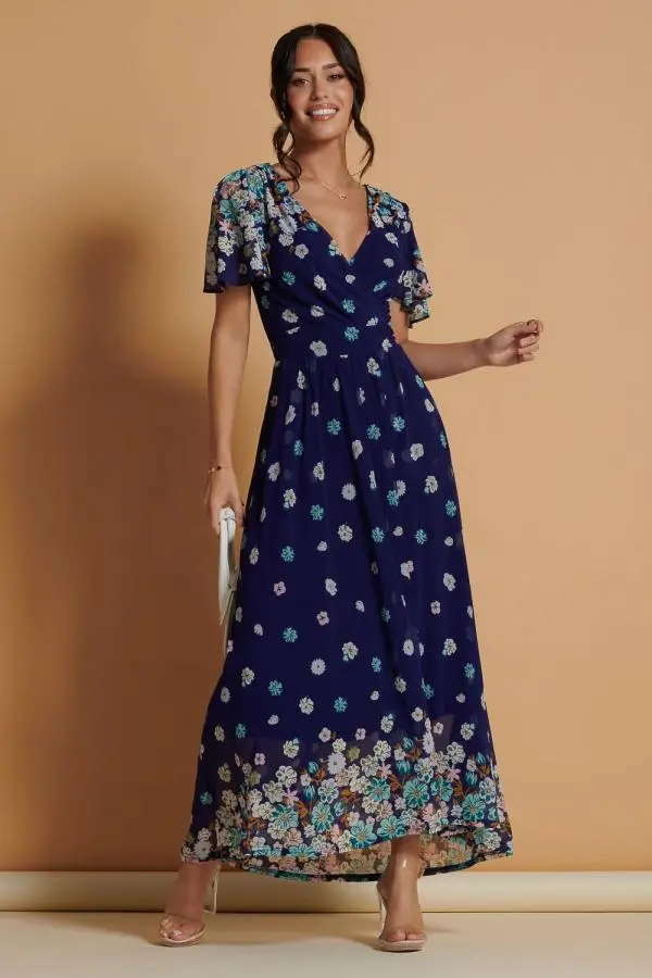 Jolie Moi Women's Mirrored Angel Sleeve Mesh Maxi Dress in Blue 