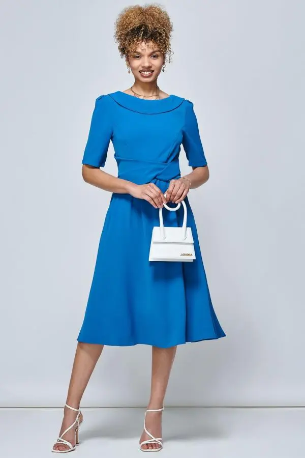 Jolie Moi Women's Darlene Fold Over Neck Dress in Teal 