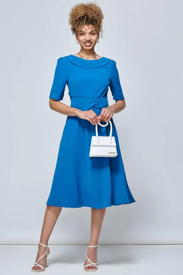 Jolie Moi Women's Darlene Fold Over Neck Dress in Teal 