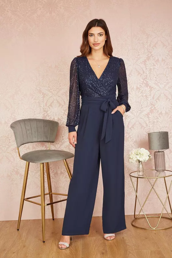 Navy Sequin Jumpsuit With Long Sleeves