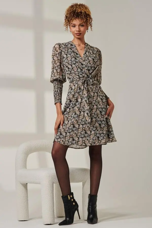 Jolie Moi Women's Shirred Cuff Tie Waist Dress in Black 