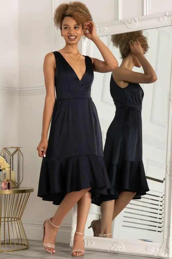 Jolie Moi Women's Annabeth V Neck Flare Dress in Navy 