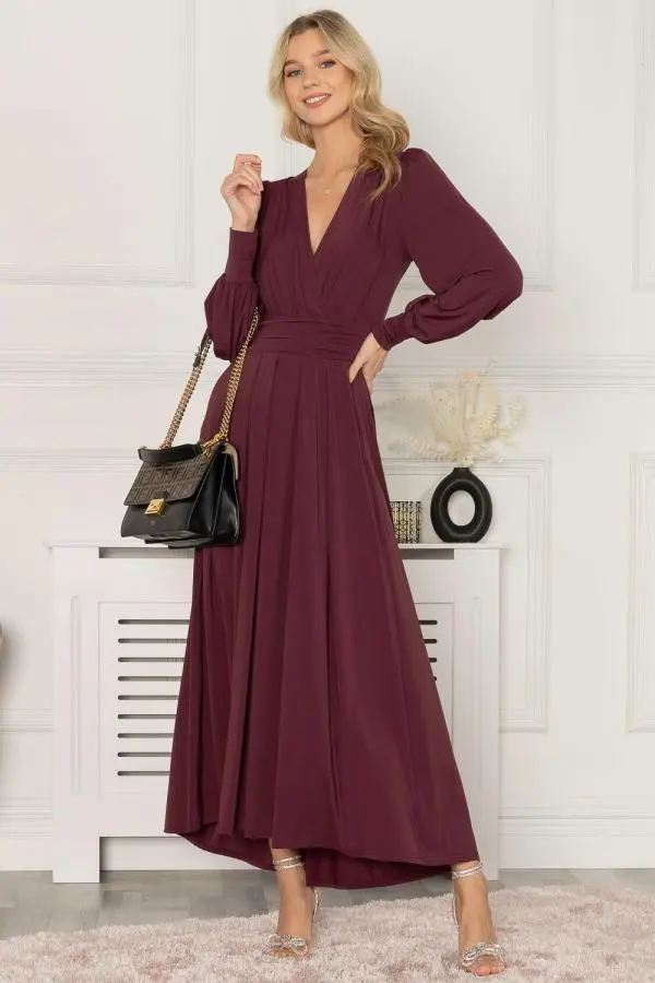 Jolie Moi Women's Rashelle Jersey Long Sleeve Maxi Dress in Burgundy 