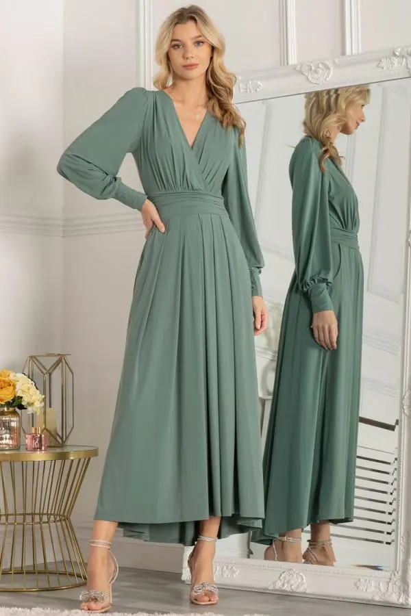 Jolie Moi Women's Rashelle Jersey Long Sleeve Maxi Dress in Green 