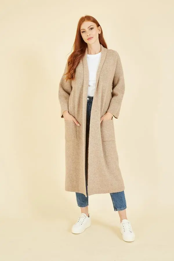 Yumi Women's Oatmeal Knitted Maxi Cardigan With Pockets in Beige 