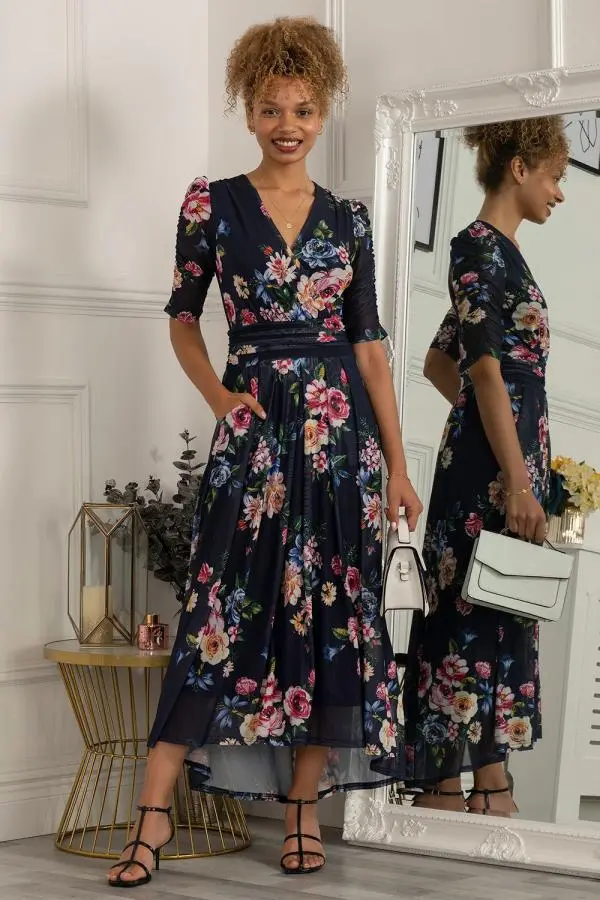 Jolie Moi Women's Haizley Floral Print Mesh Maxi Dress in Navy 