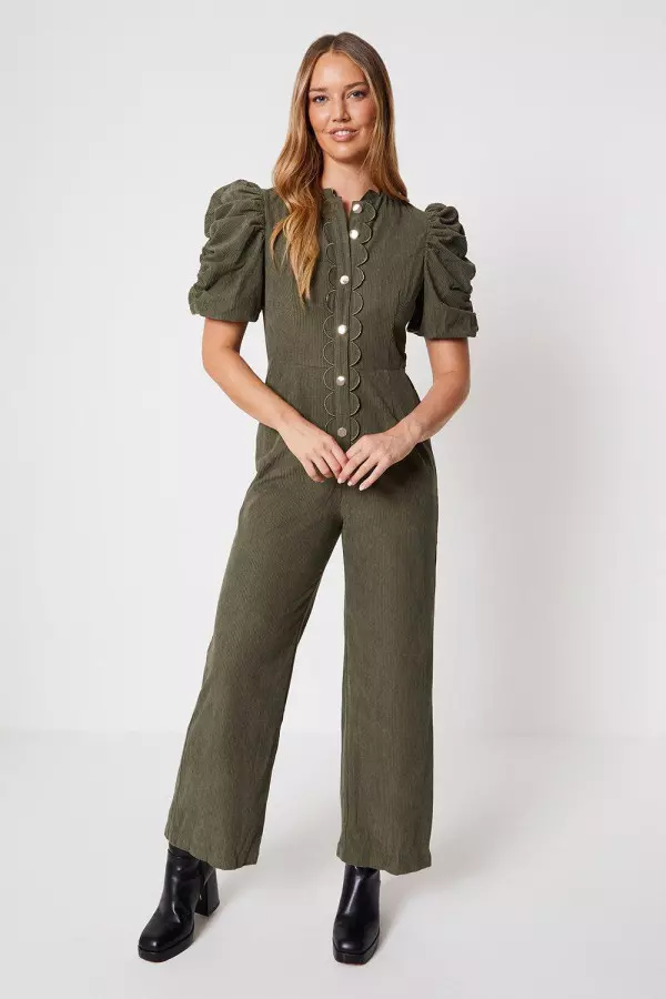 Cord Scallop Edge Puff Sleeve  Jumpsuit