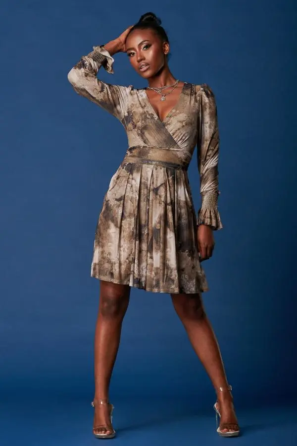 Jolie Moi Women's Long Sleeve Mesh Skater Dress in Light Brown 