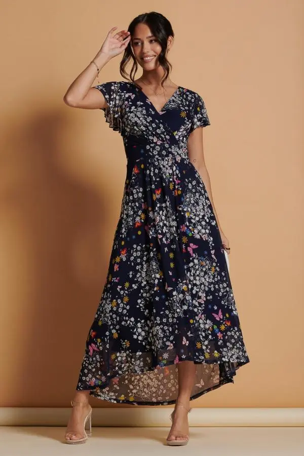 Jolie Moi Women's Mesh V-Neck Maxi Dress in Navy 