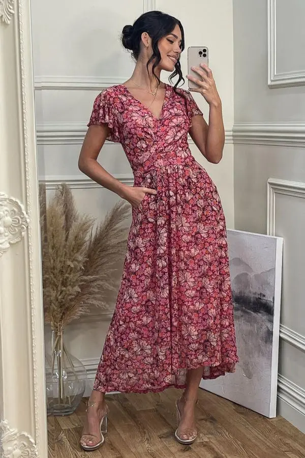 Jolie Moi Women's Mesh V-Neck Maxi Dress in Pink | Size: 20