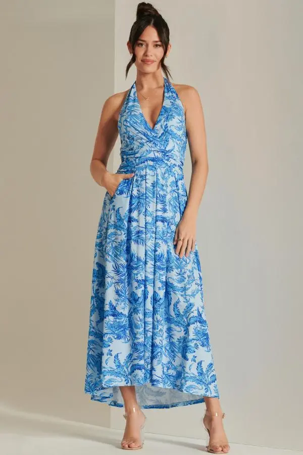 Jolie Moi Women's Plunge Neck Shirred Back Maxi Dress in Blue 