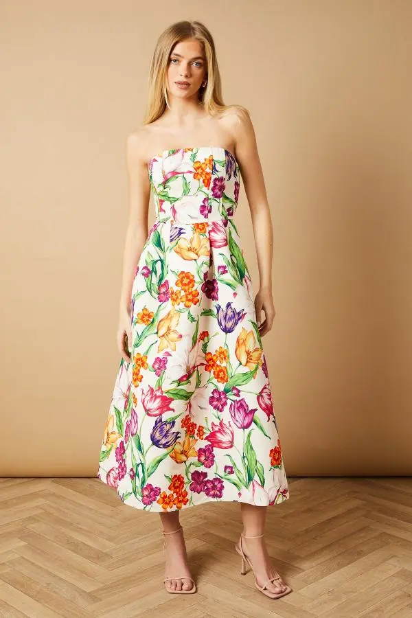 Occasion Floral Twill Strapless Midi Dress