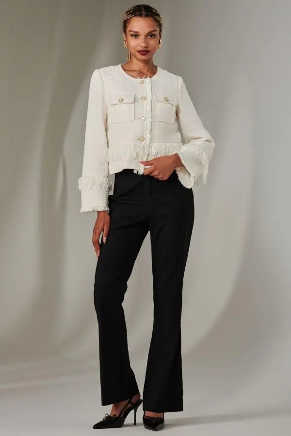 Jolie Moi Women's Tweed Fringe Hem Jacket in Cream | Size: 2XL