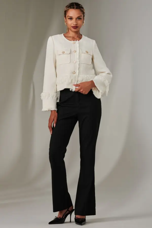 Jolie Moi Women's Tweed Fringe Hem Jacket in Cream 