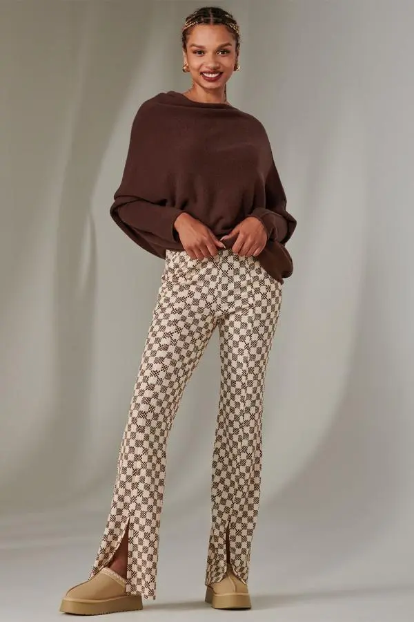 Jolie Moi Women's Split Hem Flared Trousers in Brown 