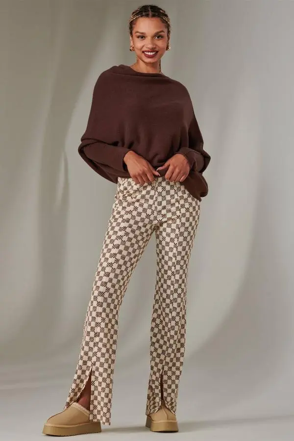 Jolie Moi Women's Split Hem Flared Trousers in Brown 