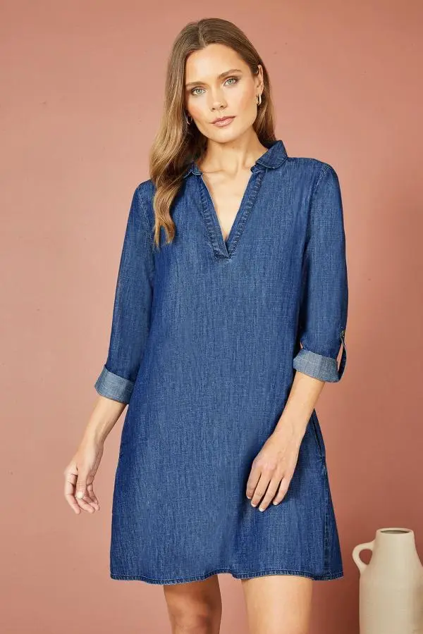 Yumi Women's Blue Chambray Cotton Tunic With Pockets 