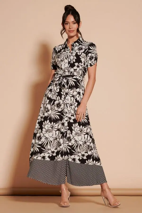 Jolie Moi Women's Elsie Floral Viscose Shirt Maxi Dress in Black 