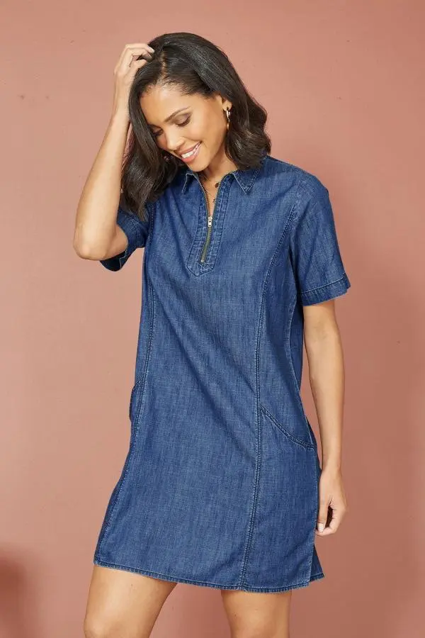 Yumi Women's Blue Cotton Chambray Tunic With Zip Neckline 