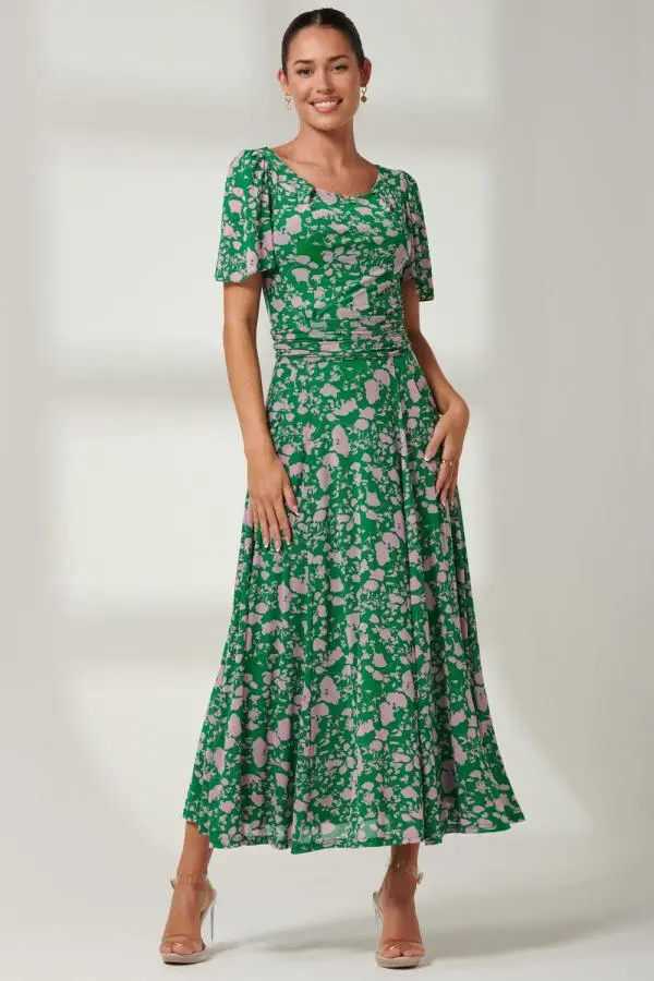 Jolie Moi Women's Paityn Angel Sleeve Mesh Maxi Dress in Green 